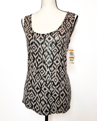 INC Chic Tribal Design Tank Top Black Tan Sequin Petite Small - FREE SHIPPING