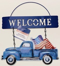 Metal Blue Truck Patriotic USA American Flag Welcome Sign Ships FAST 