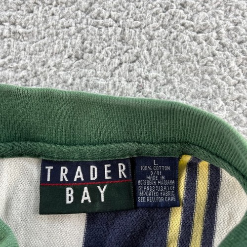 Vintage Trader Bay Polo Shirt Mens Large Pique Blue Green Ivory Striped Casual - Picture 3 of 11