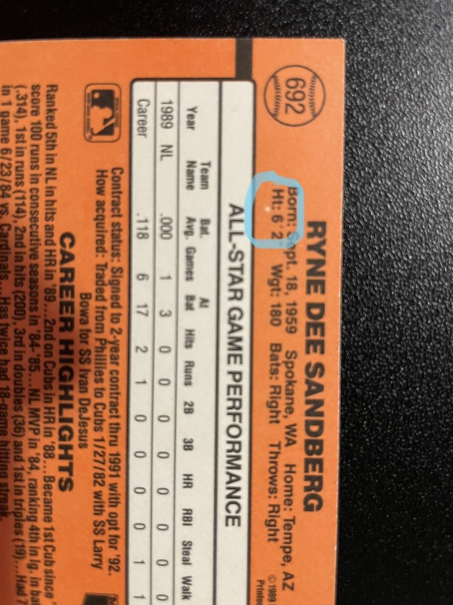 Ryne Sandberg #692 - RARE - MULTIPLE ERRORS - 1990 Donruss All