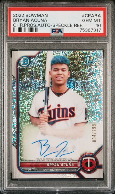 BRYAN ACUNA 2022 BOWMAN CHROME PROSPECTS 1ST AUTO SPECKLE REFRACTOR /299 PSA 10