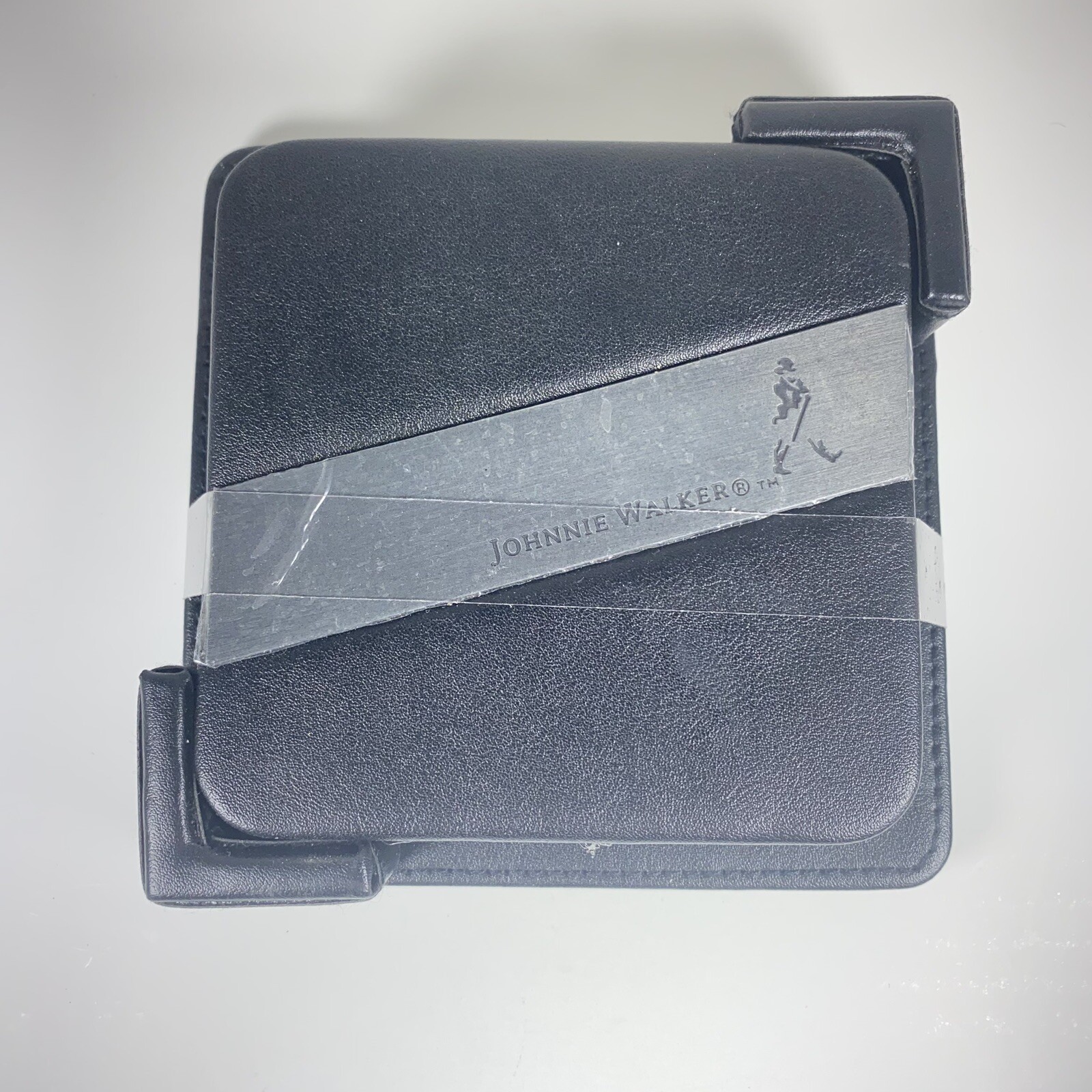 Johnnie Walker Scotch Whiskey Coasters Set of 4 Faux Black Leather With Holder