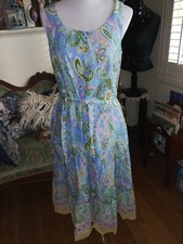 TALBOTS Belted Ruffle Hem Cotton Floral Paisley Long Dress Petites Size 10
