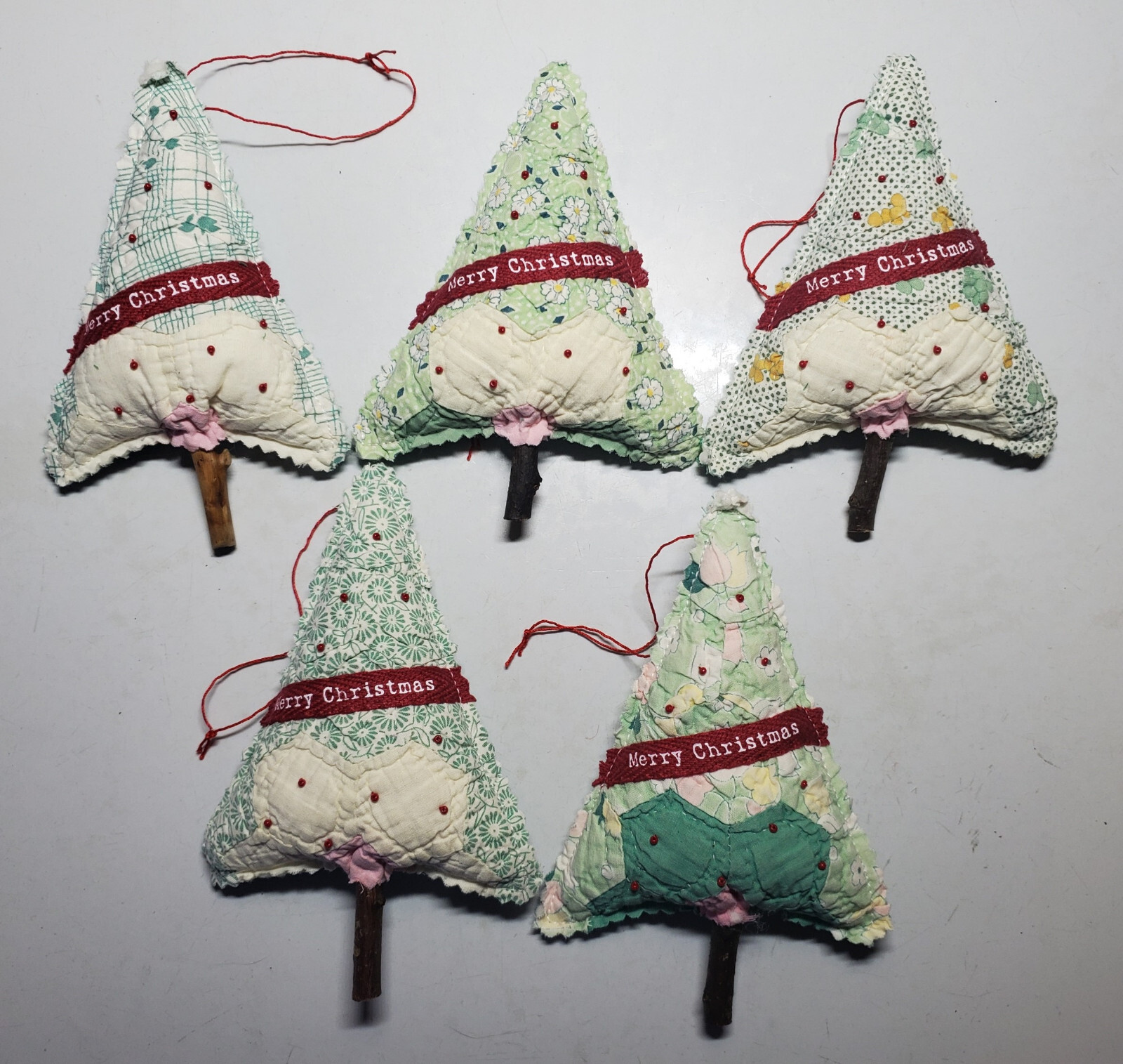 Antique Cutter Quilt Christmas Tree Ornaments Lot of 5 Farm House