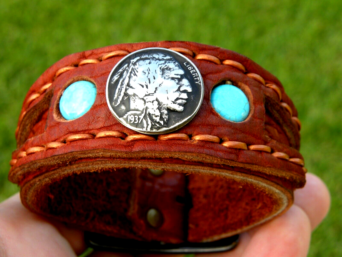 PITIC LEATHER By ARTURO レザーベスト　ネイティブ　ビーズ Cuff genuine Bison leather bracelet 1937 Buffalo Indian Nickel