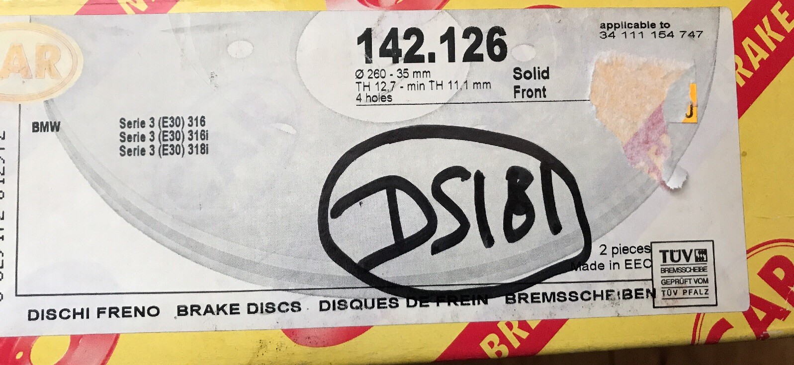 Disques de freins auto BMW E30 reference 142.126 train avant pas cher neufs