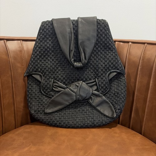 Vintage GUILD CREATIONS Black Bag Woven material Leather Bow Handle Purse