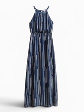 Collective Concepts Navy Halter-Neck Maxi Dress with Vertical Dot Stripes