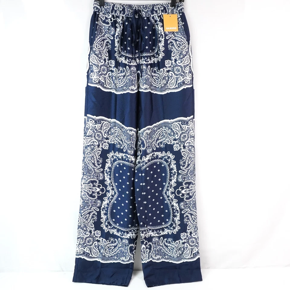 Sandro Bandana-Print Flowy Wide-Leg Trousers In Blue And White - Women's Size 36