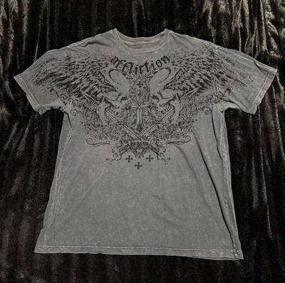 Affliction Y2K Grunge Grey Skull Wings Homage T Shirt Biker Mens Size XL USA