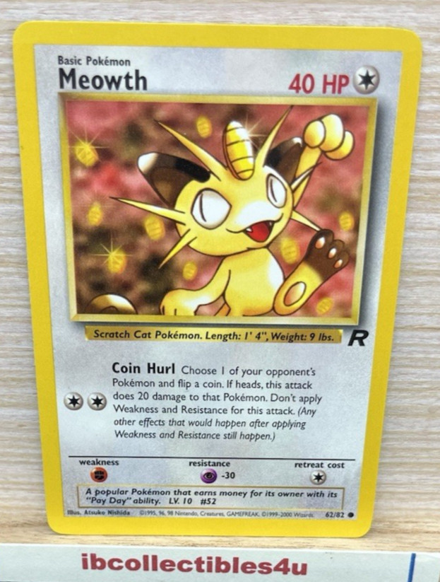 Meowth 62/82  Team Rocket Pokemon Card  2000 Vintage Wotc TCG NM Free Shipping