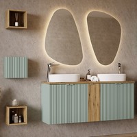 BadmöBel Set 140Cm Waschtisch Spiegel Regale HäNgeschrank, GrüN Und Eiche Modern