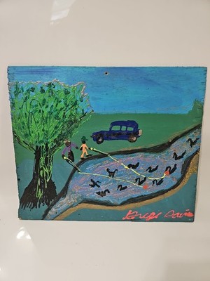 Vintage Bruce Davis Folk Art Painting Wood Duck Hunting Naive Signed Blue Car