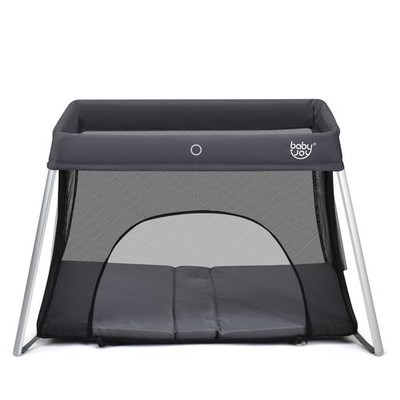 Costway Foldable Baby Playpen Infant Lightweight Crib Mesh W/ Bag Dark Gray