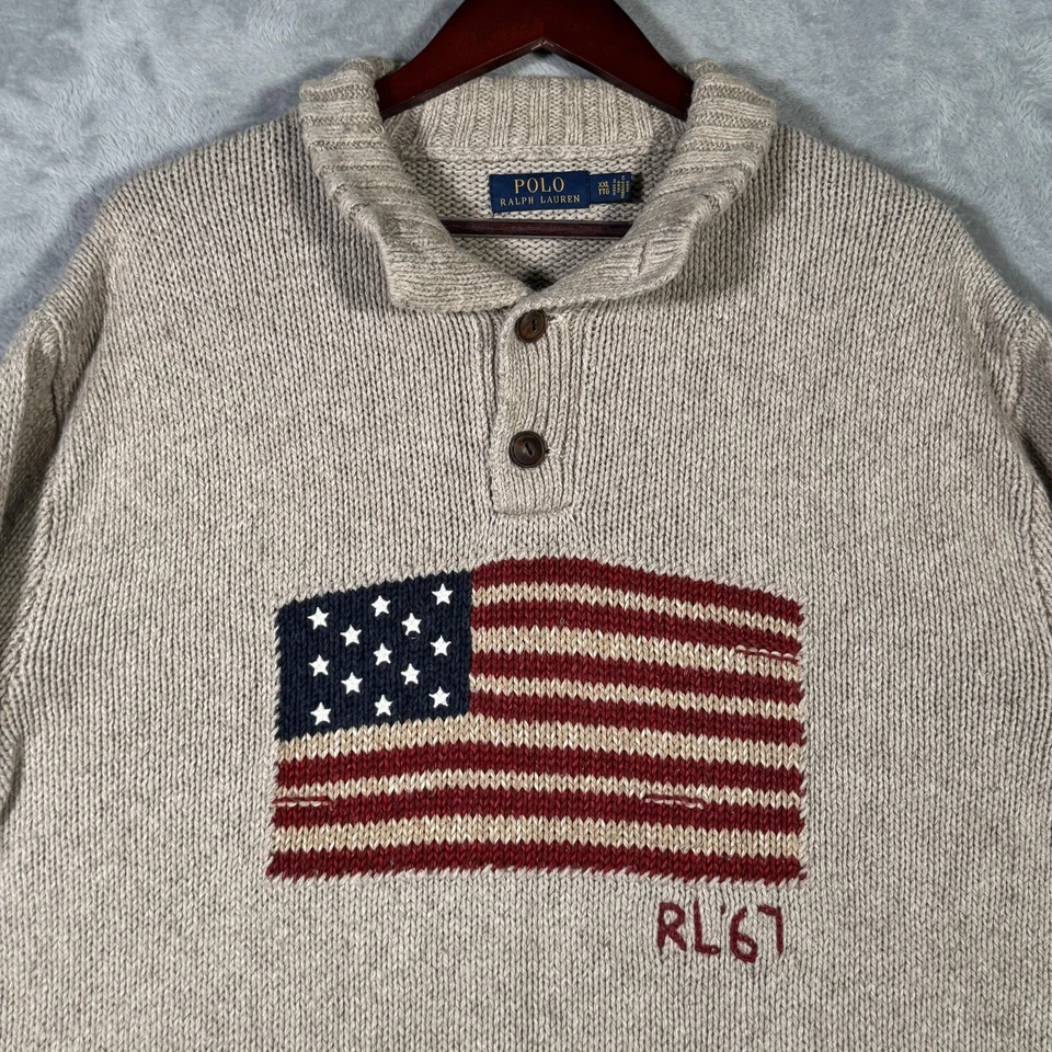 Polo Ralph Lauren Suéter Para Hombres 2XL Beige Bandera RL67 Henley Chal Cuello Tejido Foto 2 de 4
