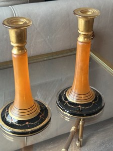 Amber glass and brass candlestick holders with wooden bases