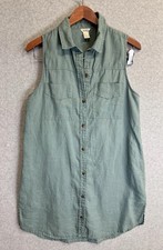 Forever 21 Sleeveless 100% Linen Shirt Dress M Green Utility Button Down Pockets