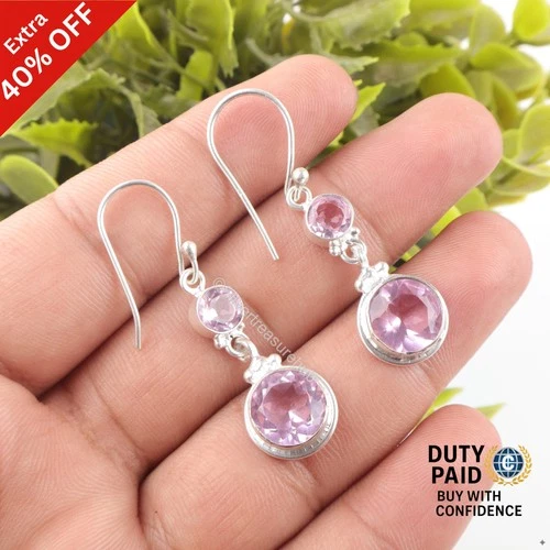 Sterling Silver Round Morganite Gemstone Engagement Drop Dangle Wedding Earrings
