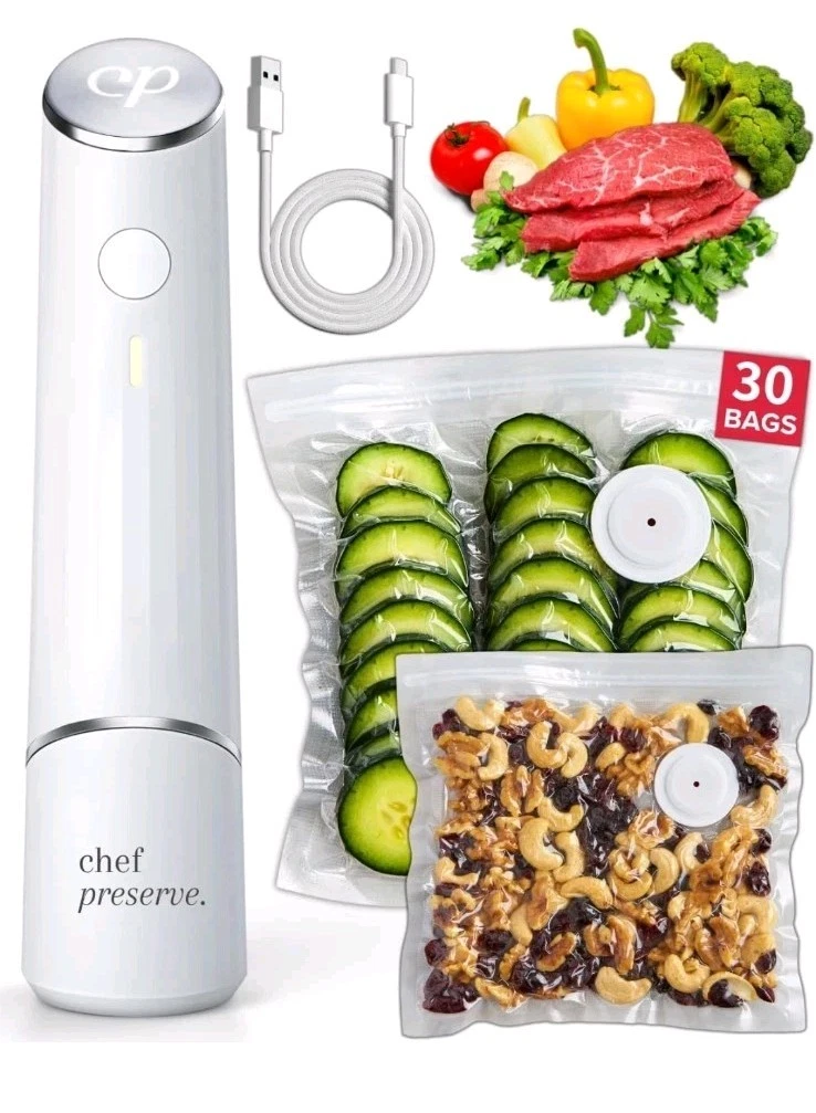 Chef Preserve Compact Vacuum Sealer for Food + 30 Reusable Vacuum Bags