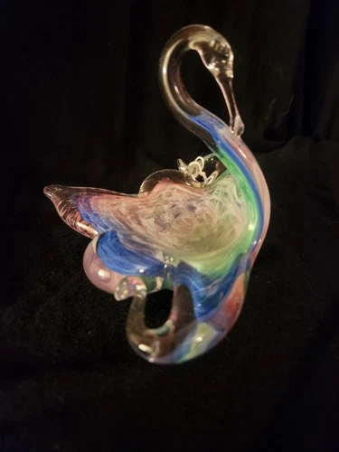 Vtg Murano Style Hand Blown Art Glass Swan Candy Trinket Bowl Dish Clear Colors