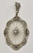 ANTIQUE ART DECO CAMPHOR GLASS FILIGREE PENDANT W/ DIAMOND 14K WHITE GOLD