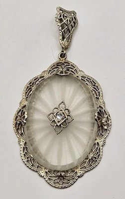 ANTIKER ART DECO ANHÄNGER KAMPFER GLAS FILIGRAN MIT DIAMANT 14K WEISSGOLD 
