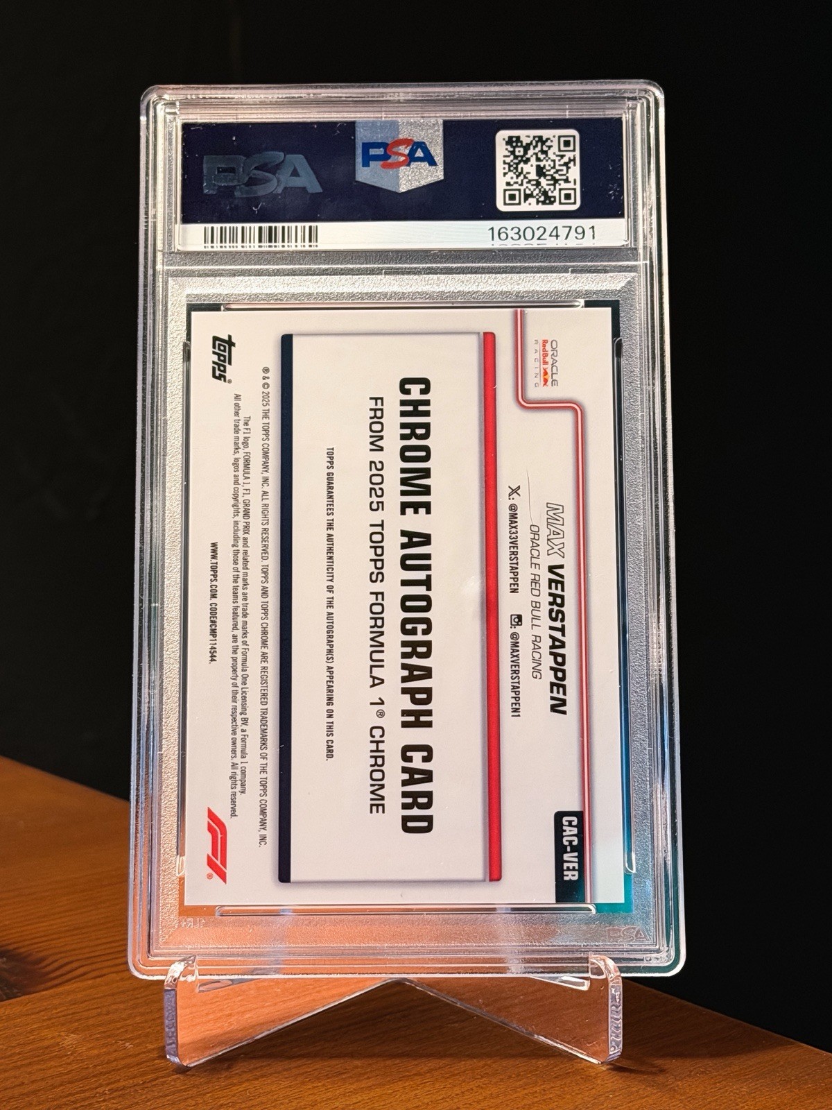 2025 Topps Chrome F1 Max Verstappen Auto PSA 10 Red Bull Racing view 2
