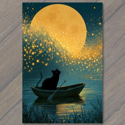 STICKER Black Cat Rowboat Full Moon Lake Reflection Gothic Witchy Night Magical