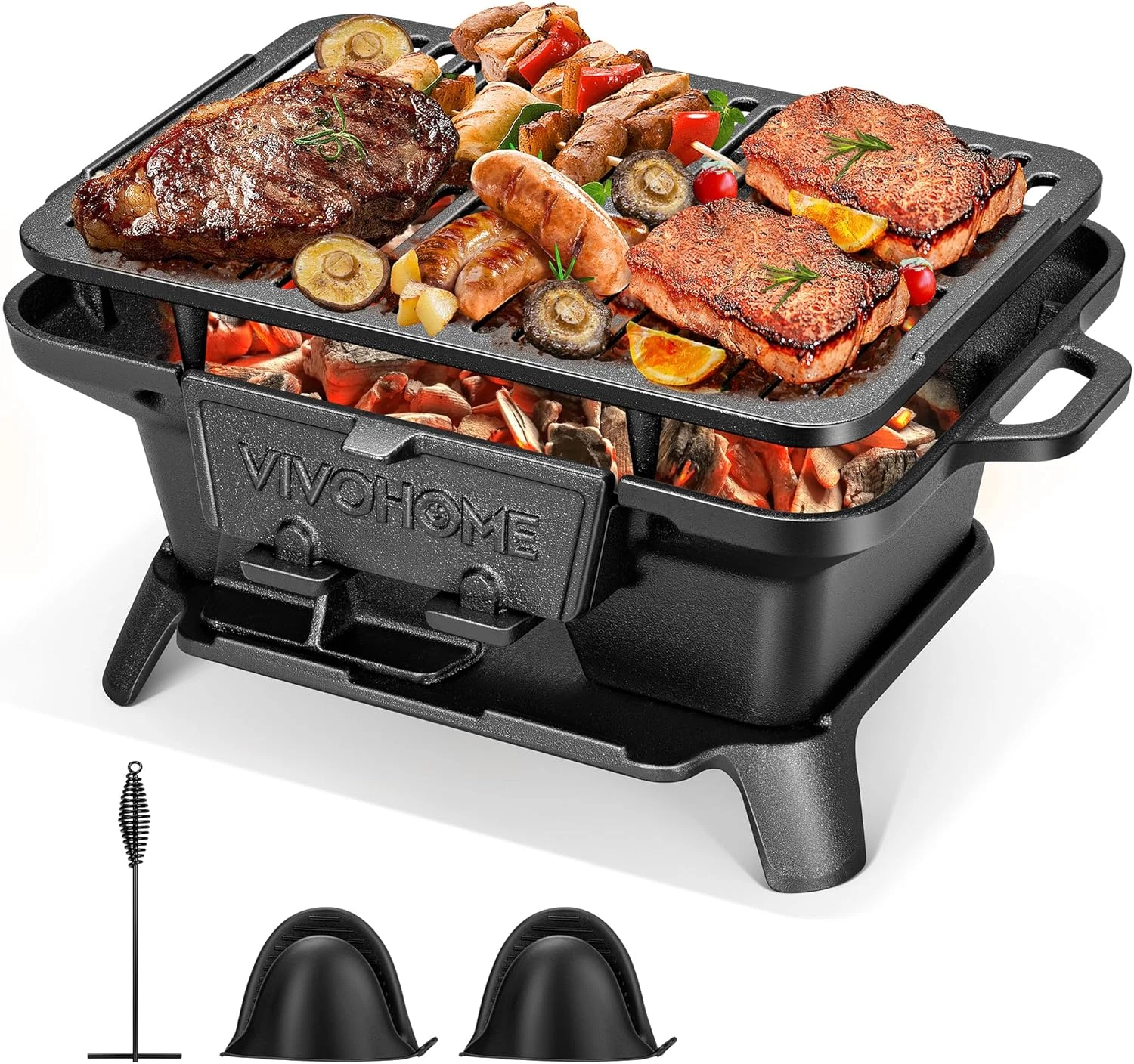 Rectangle Cast Iron Charcoal Grill Portable Tabletop BBQ with Double Sided Grate