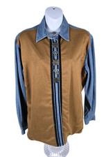 Wrangler Blue Denim Faux Suede 80s Long Sleeve Botton Up Shirt Western Cowgirl L