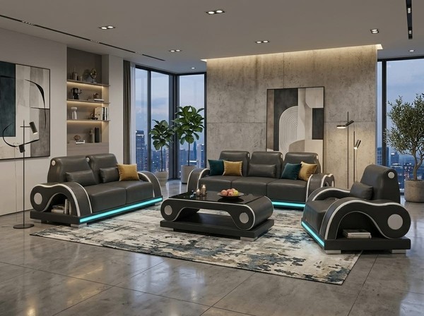 Sofa Set 3-Sitzer 2-Sitzer Sessel Schwarz Led Wohnzimmer Design MöBel *-image