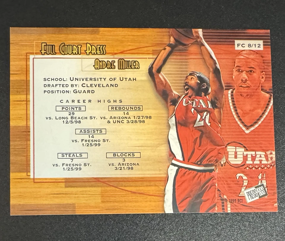 Andre Miller 1999-00 Press Pass Authentics ROOKIE Full Court Press #8 - Utah  - Image 2 of 2