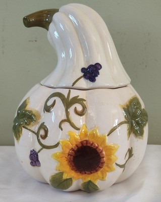 Vintage Pumpkin Jar With Lid Candy Cookie Container Ceramic Sunflowers