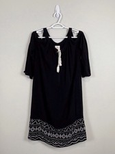 Knox Rose Cold Shoulder Dress Sz M Black Crinkle Rayon Long Sleeve Embroidered