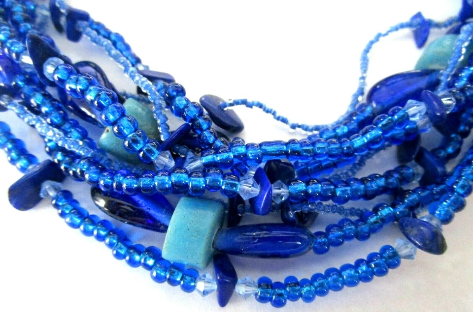 Sterling Silver 925 Blue Glass Turquoise & Lapis 9 Strand Necklace - Image 2 of 3