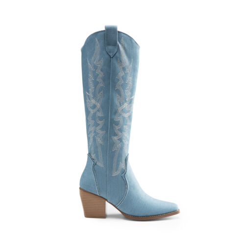 Women Cowboy Knee High Boots Low Chunky Heel Pointed Toe Zip Up Western Boots - Picture 20 of 27