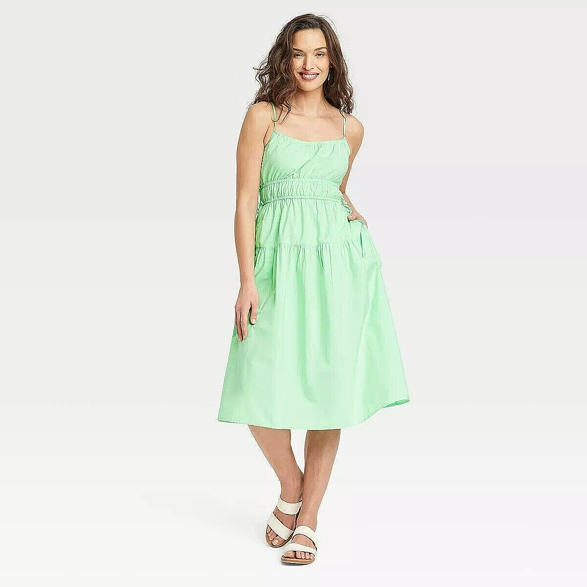 mint green sun dress Sundress M Spaghetti Straps Side Pockets satin charmeuse