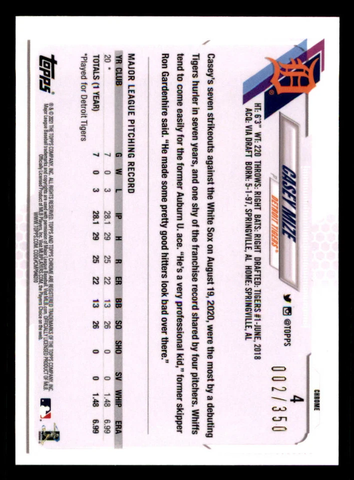 2021 Topps Chrome Magenta Speckle Refractors #4 Casey Mize /350 (ref 236087) - Image 2 of 2