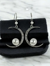 Cresent Moon and Pearl Dangle Earrings, Celestial Crescent Moon Dangle Earrings