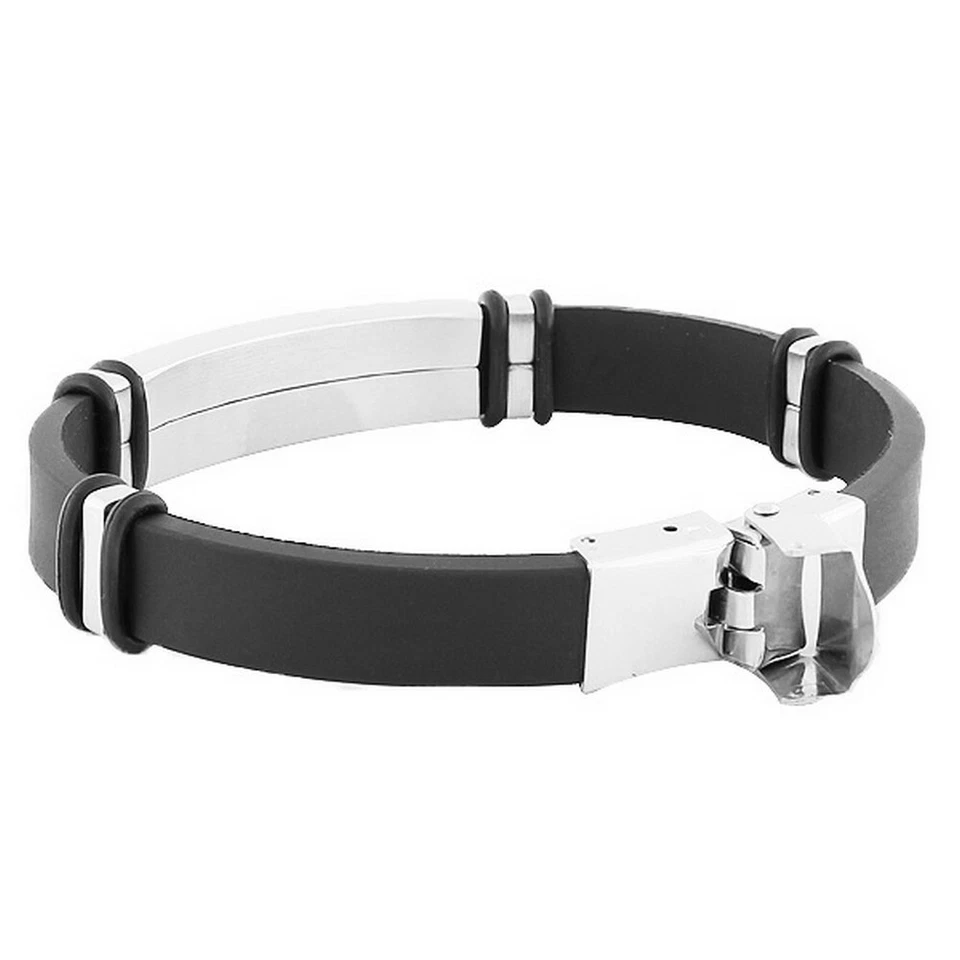 Brazalete brazalete de acero inoxidable de caucho negro tono plata cristales blancos circonita cúbica para hombre Foto 2 de 3