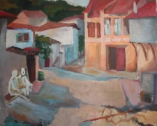 Vintage oil painting village scene 