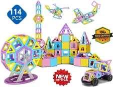 Magnetic Tiles Building Block Stacking Toys for Kids 114Pс Set Shapes Colors Kit