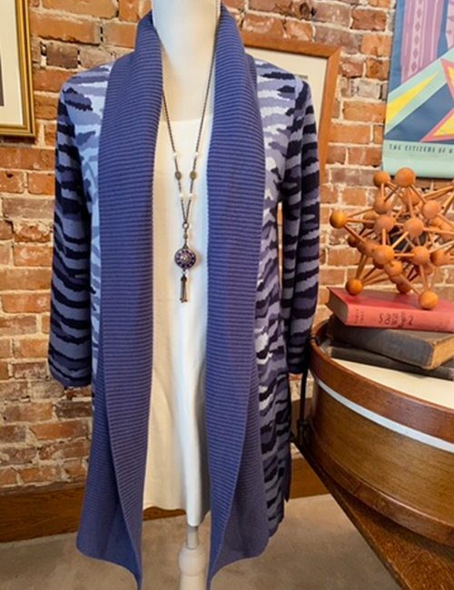 Isaac Mizrahi Blue Zebra Animal Jacquard 3/4 Sleeve Cardigan