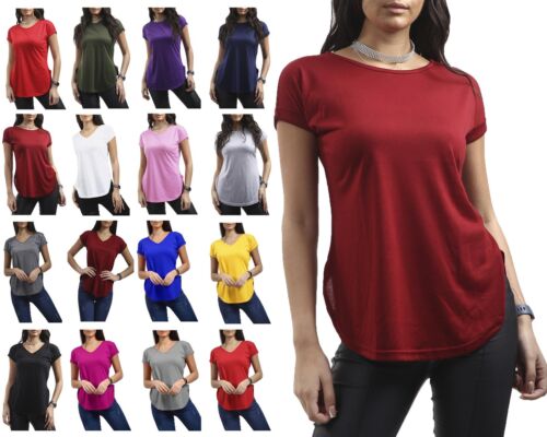 Womens Ladies Plain Turn Up Cap Sleeve Curved Hem Summer Solid Basic T Shirt - Picture 1 of 95