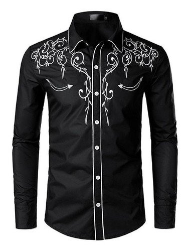 Men Western Cowboy Shirt Long Sleeve Retro Embroidery Casual Buttons Down Shirt♡ - Picture 8 of 16