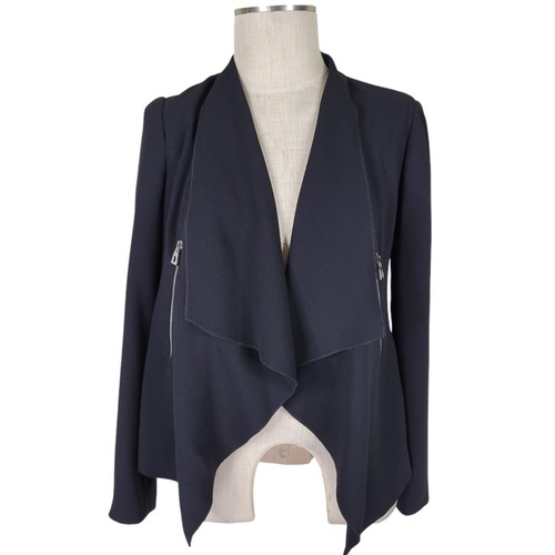Zara Blazer Size S Black Open Waterfall Moto Zip Pockets Long Sleeve Lined