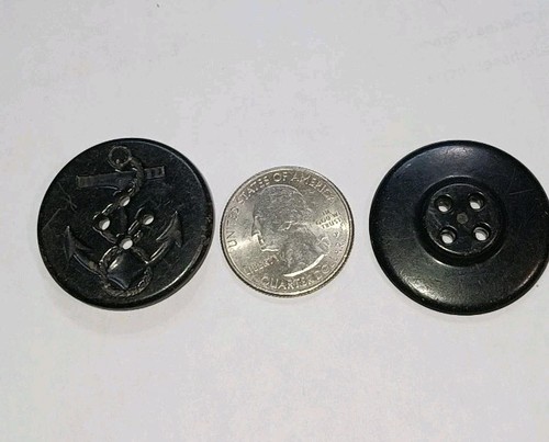 Lot 2 Large Vintage Anchor Nautical Coat Buttons Black Bakelite Style