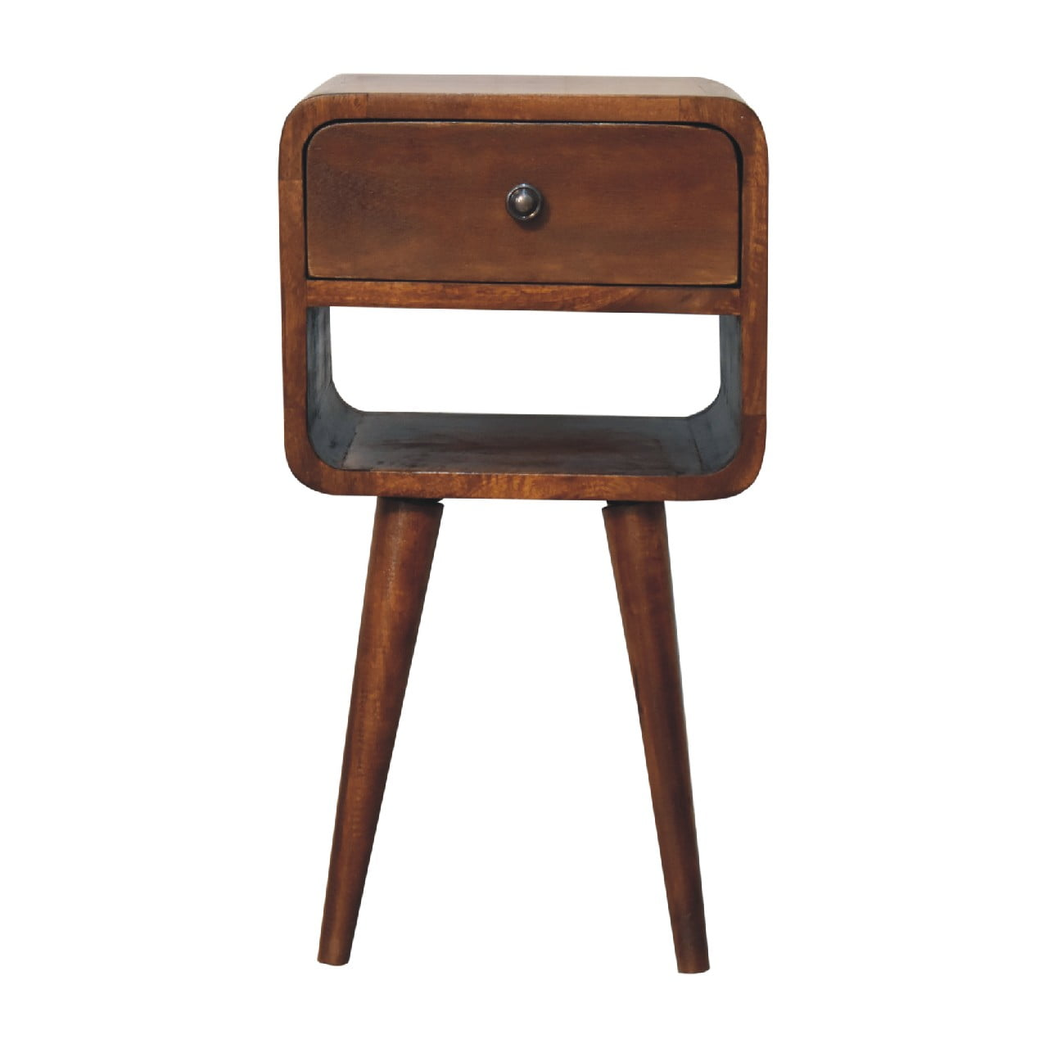 Artisan Furniture Mini Chestnut Single Drawer Single Shelf Mango Wood Curved Lower Bedside Table - Image 2