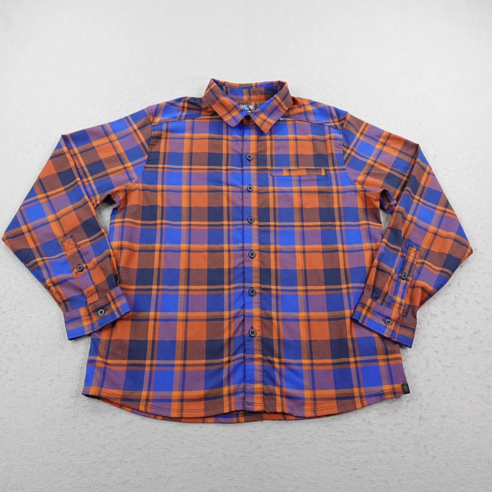 Mountain Hardwear Shirt Mens Large Orange Blue Plaid Flannel Button Up Outdoors