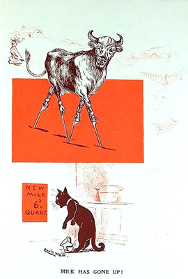 OLD ANTIQUE LOUIS WAIN PRINT COMICAL CAT CATS COW MILK HAS GONE UP  c190O
